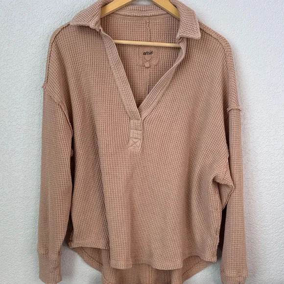 Aerie Lumber Jane Waffle Polo Long Sleeve Top Oversized Tan Size Medium - Picture 2 of 8